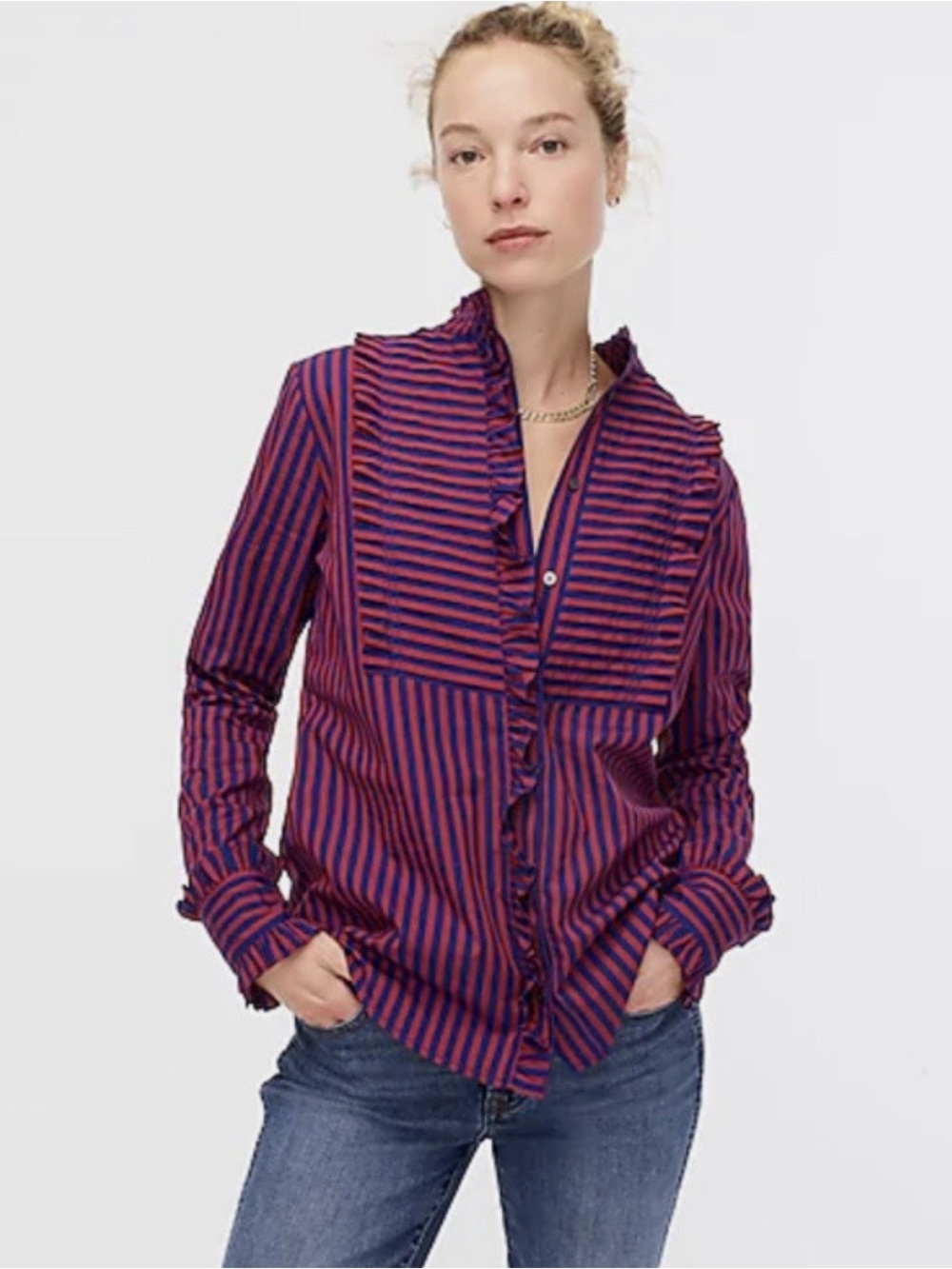 J. Crew Pink & Blue Striped Ruffle-Trim Button Down Blouse